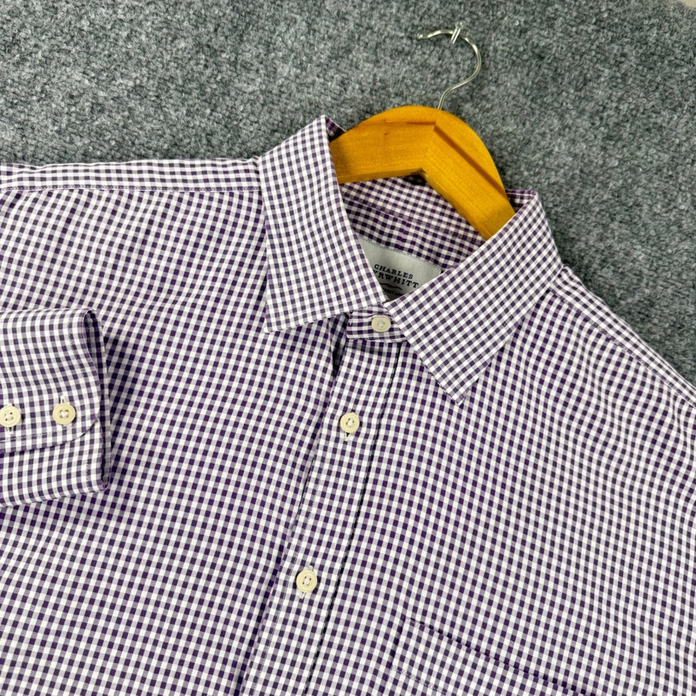 Charles Tyrwhitt Gingham Dress Shirt Men 18/37 Purple White Cotton Long Sleeve